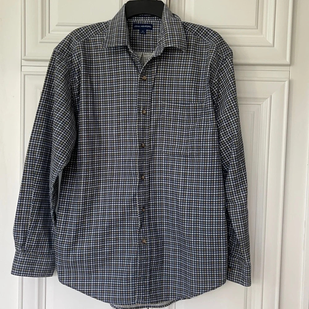John Ashford Long Sleeve Soft checkered Casual Dress Shirt Men sz  M